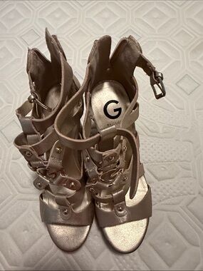 G by GUESS Metallic Taupe Strappy High Heel Sandals
